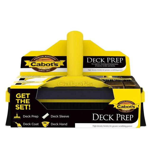 Cabot's Deck Prep product packaging with yellow and black design on a white background