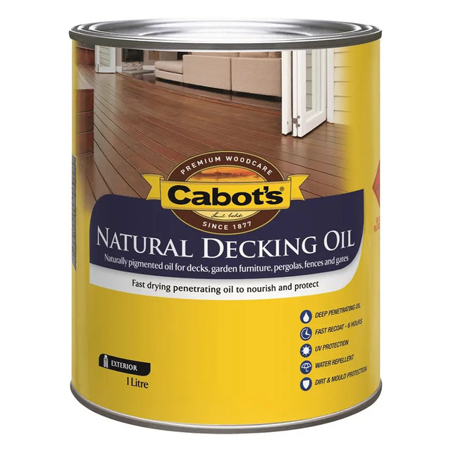 Can of Cabot's Natural Decking Oil with a wooden floor background