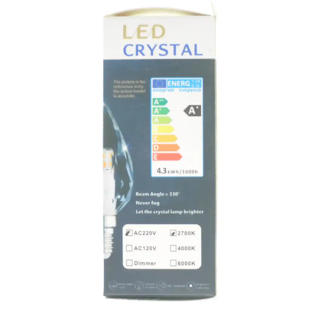 LED Crystal light bulb packaging with energy rating label on a white background