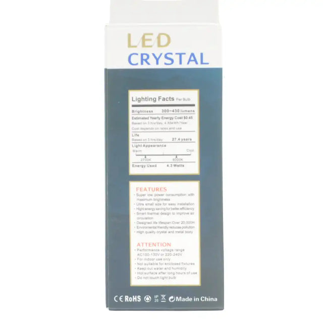 LED Crystal packaging with text on a white background