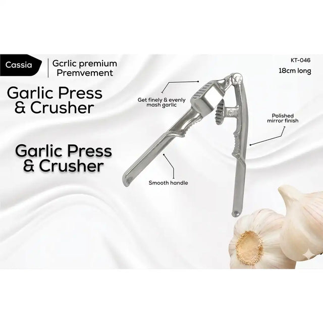Garlic press and crusher with product details on a white background