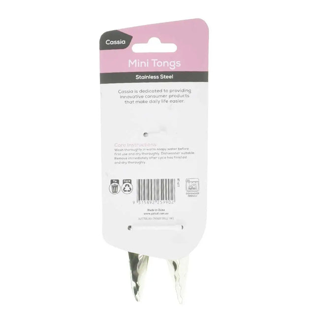 Cassida mini tongs packaging with pink label on a white background