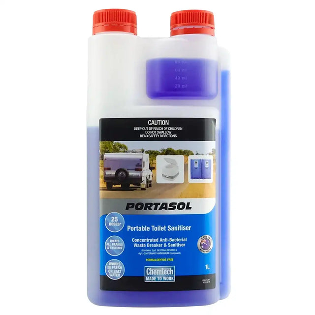 Portasol portable toilet sanitiser bottle with red caps on a white background