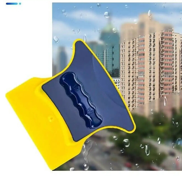 Window cleaning tool with a blurred cityscape background