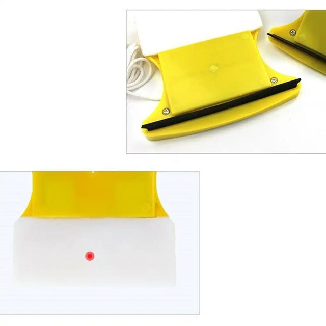 Yellow cleaning tool with black bristle side on a white background