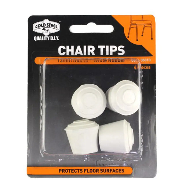 Packaged chair tips with white rubber tips on a clear background