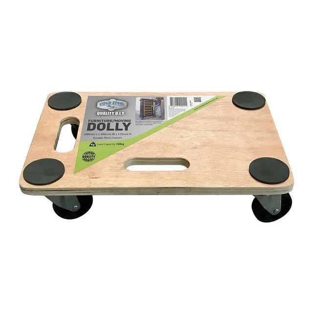 Wooden furniture dolly with black wheels on a white background