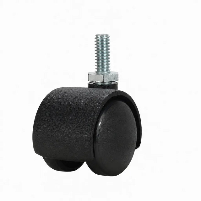 A black dual-wheel caster wheel with a silver threaded metal stem and hex nut, shown on a plain white background.