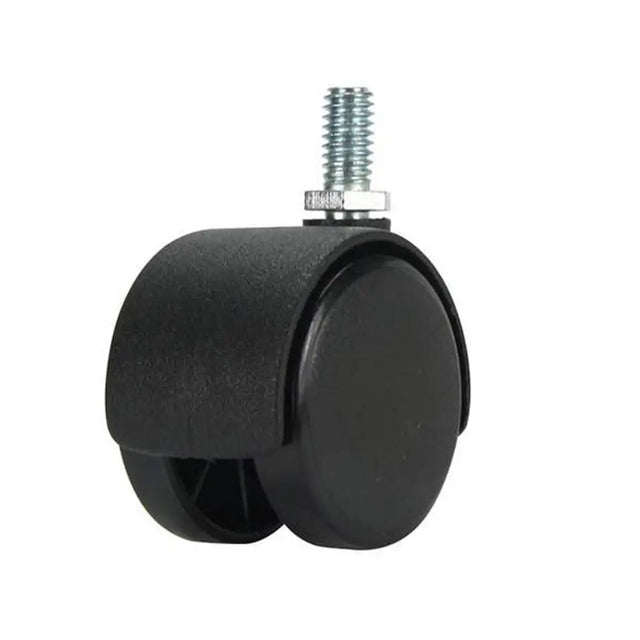 Black caster wheel with a screw on a white background