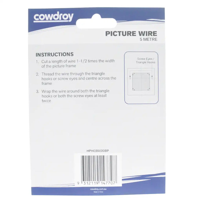 Cowdroy picture wire packaging with instructions and branding