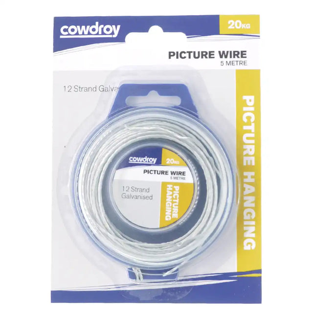 Packaged Cowdroy picture wire with clear plastic wrap on a white background