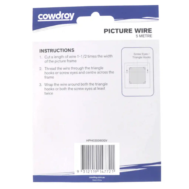 Cowdroy picture wire packaging with instructions and branding