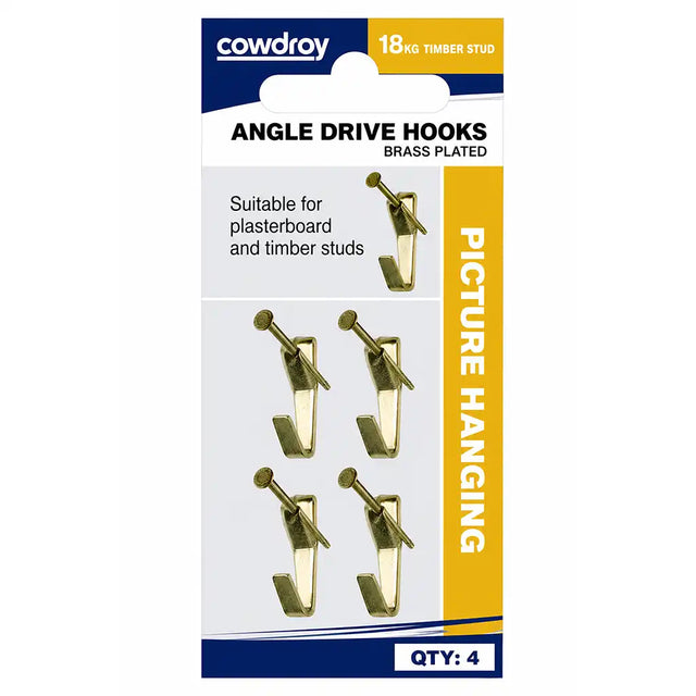 Cowdroy angle drive hook 18kg showing twin pin nail detail and brass plated finish