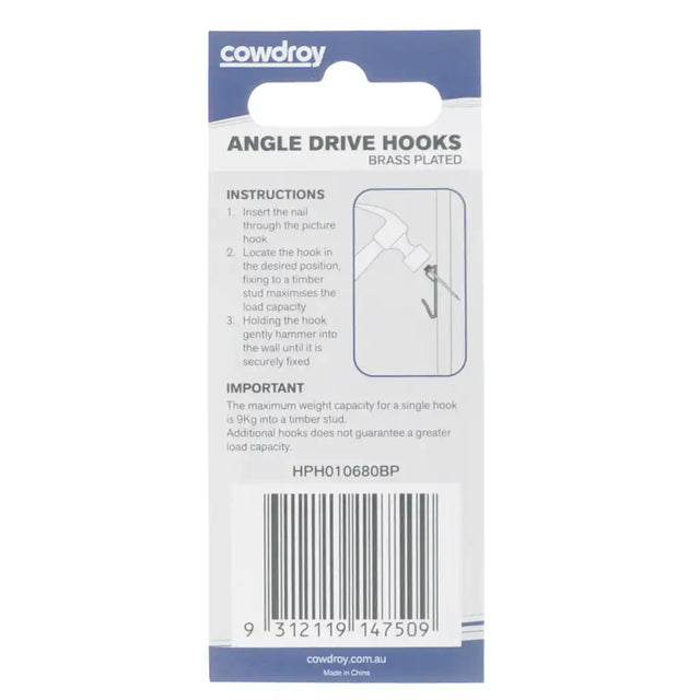 Package of Cowdroy angle drive hooks with instructions and branding.