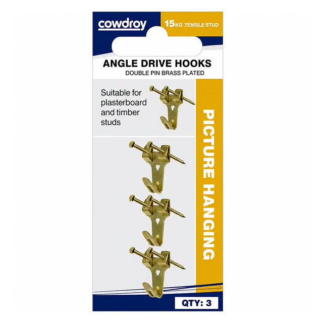 Cowdroy Angle Drive Hook Twin Pin 15KG Brass Plated 3Pcs HPH010840BP