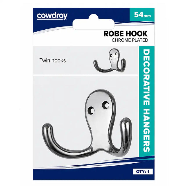 Package of Cowdroy robe hooks with chrome finish on a white background