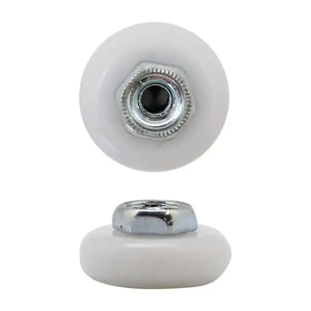 Two white rollers with metal bearings on a white background