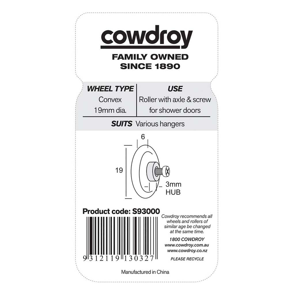 Cowdroy Shower Sliding Door Wheels 19mm 10Kg 2Pk S93000