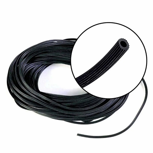 Coiled black rubber hose on a white background