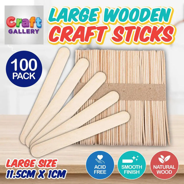Large wooden craft sticks with packaging and branding on a white background
