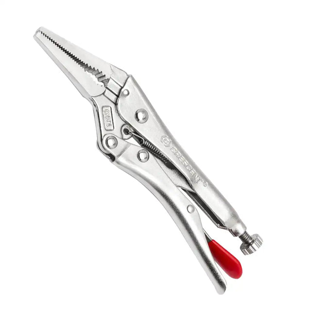 Locking pliers with a red handle on a white background
