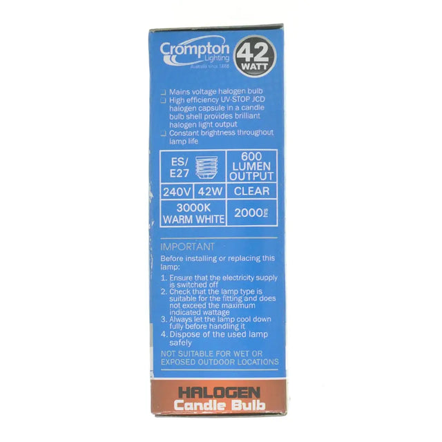 Crompton halogen candle bulb packaging with blue label and brown border
