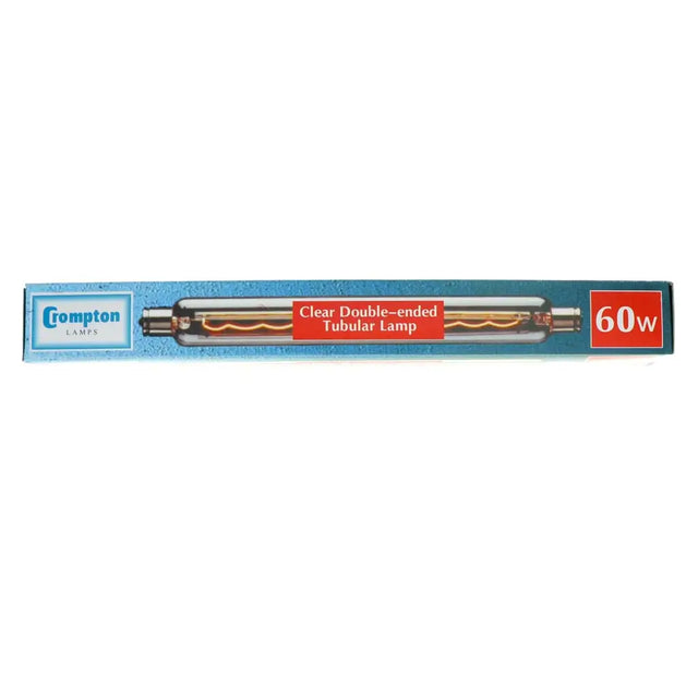 Crompton 60w clear double-ended tubular lamp packaging on a white background