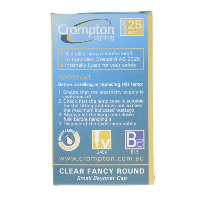 Crompton Lighting lamp packaging with blue and yellow design on a white background