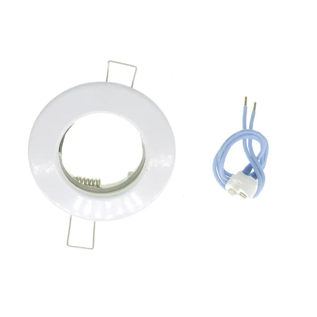 Circular white light bulb with a blue wire on a white background