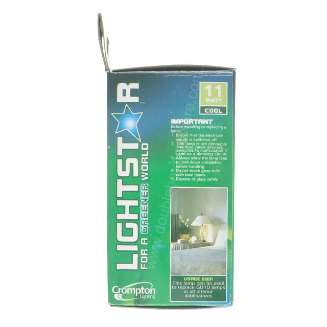 Lightstar GU10 CFL packaging rear panel showing energy efficiency rating, 8,000 hour rated life and compliance markings