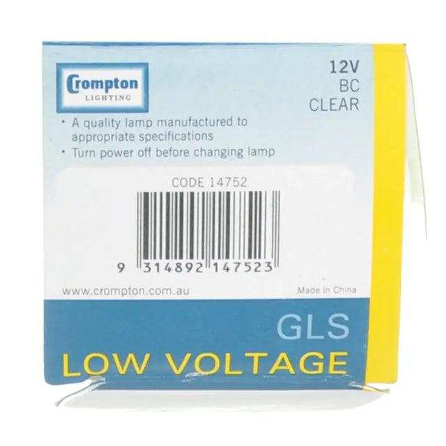 Crompton GLS low voltage 12V lamp packaging with blue and yellow design.