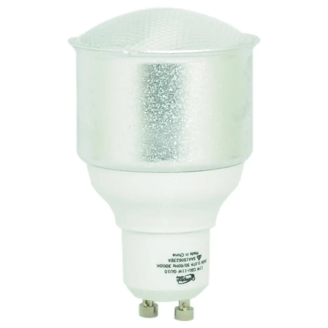 Crompton GU10 240V 11W warm white CFL energy saving light bulb showing compact fluorescent tube design and GU10 twist-and-lock base on white background