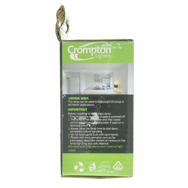 Crompton GU10 CFL packaging rear panel showing energy efficiency rating, 8,000 hour rated life and compliance markings