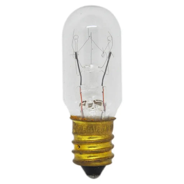 Clear light bulb with visible filaments on a white background