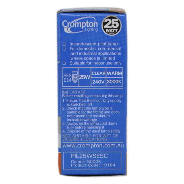 Crompton Lighting 25-watt incandescent pilot lamp packaging on a white background