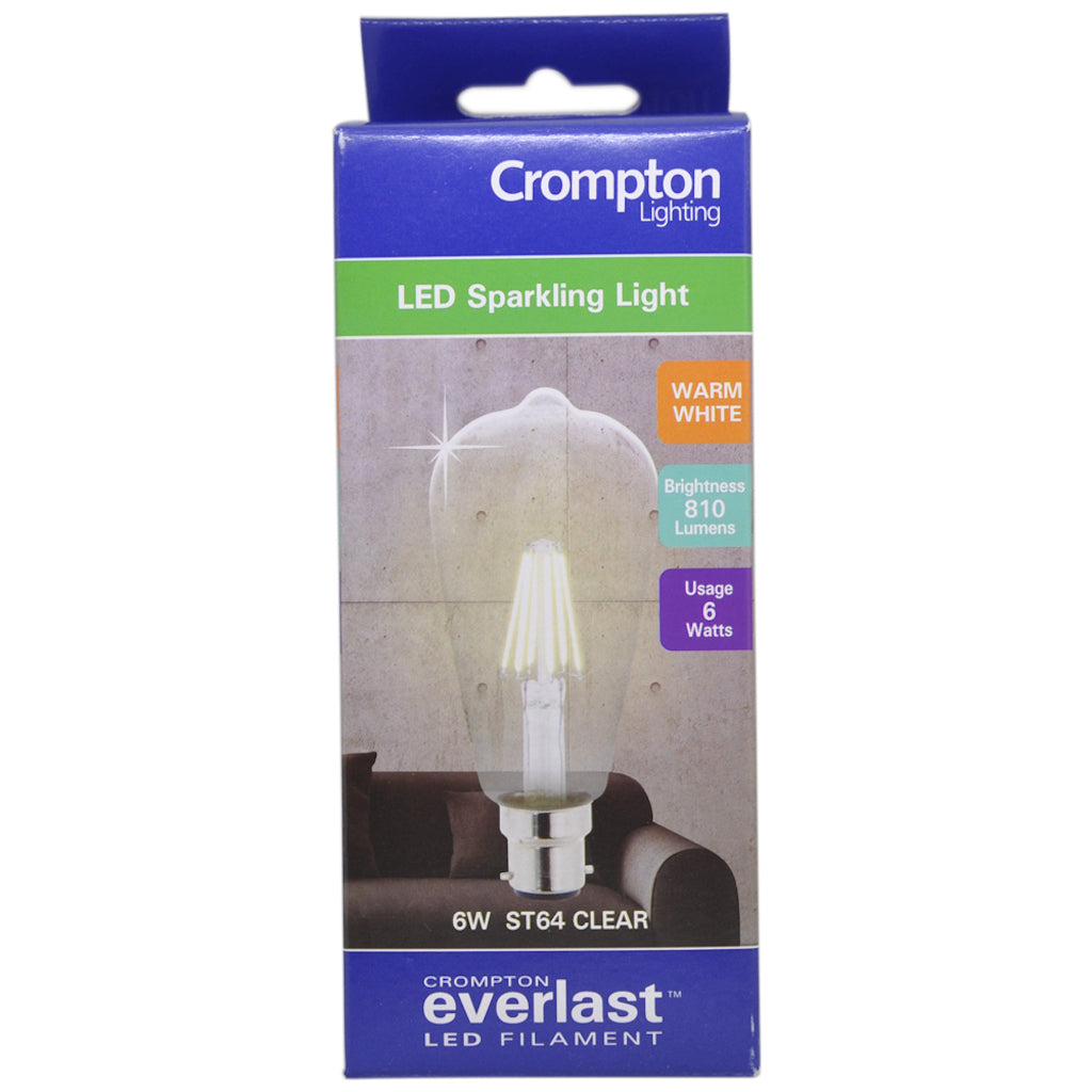 Crompton ST64 Filament LED Light Bulb B22 240V 6W W/W Clear 27698