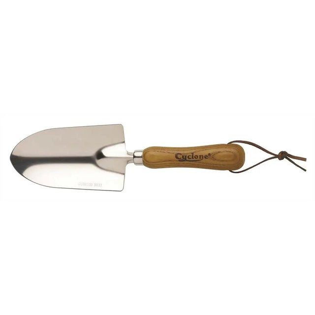 Gardening trowel with wooden handle and 'Cyclone' branding on a white background