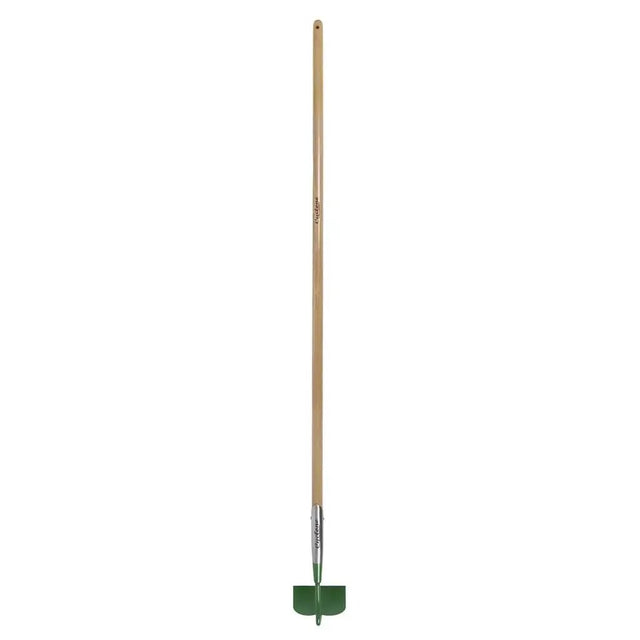 Green hoe with wooden handle on a white background