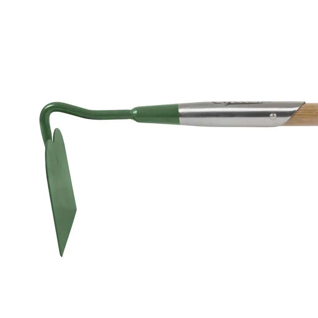 Garden hoe with green handle and blade on a white background
