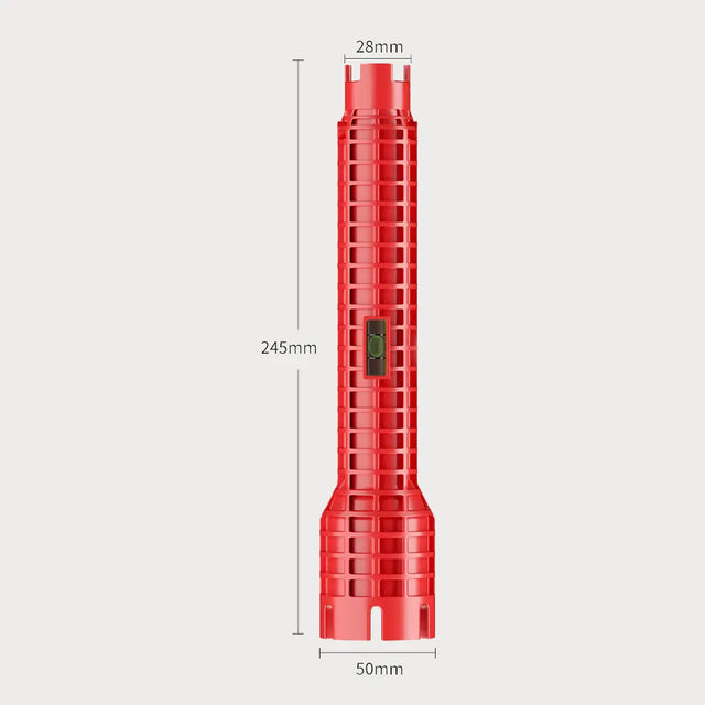 A red cylindrical flashlight or tool shown on a light gray background with dimension labels indicating 28mm width at the top, 245mm height, and 50mm width at the base.