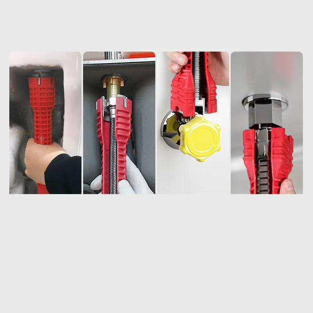 A four-panel collage showing a red plum pipe wrench with a yellow hex key being used to loosen or tighten a metal faucet fitting. Human hands are visible in some panels, and the background is a plain light gray.