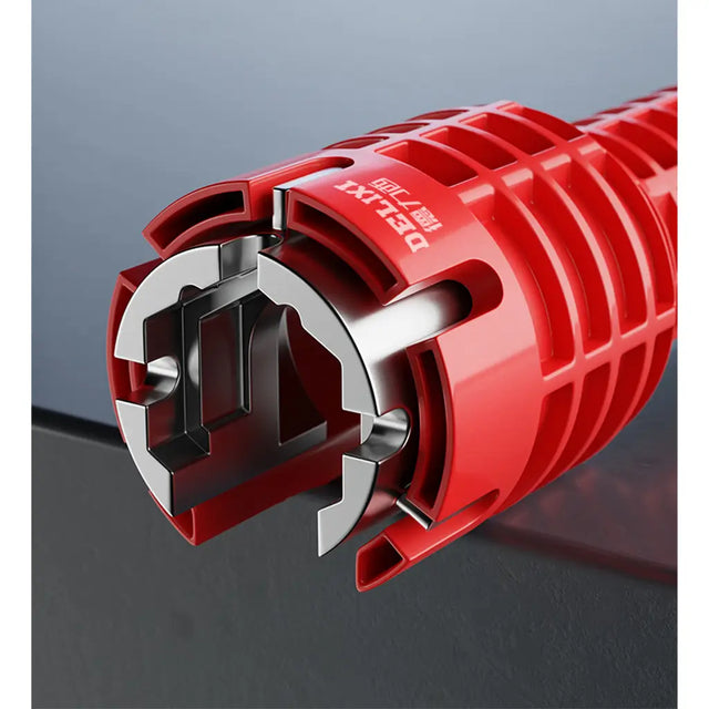 A close-up of a red DeWalt rotary hammer driver bit with a silver metal cutting head, showing the brand name 'DEWALT' printed on the side.
