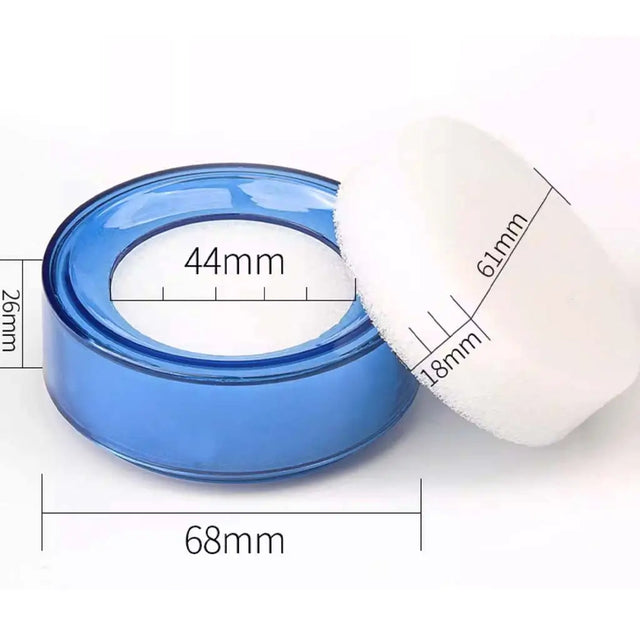 Blue container with white lid showing measurements on a white background