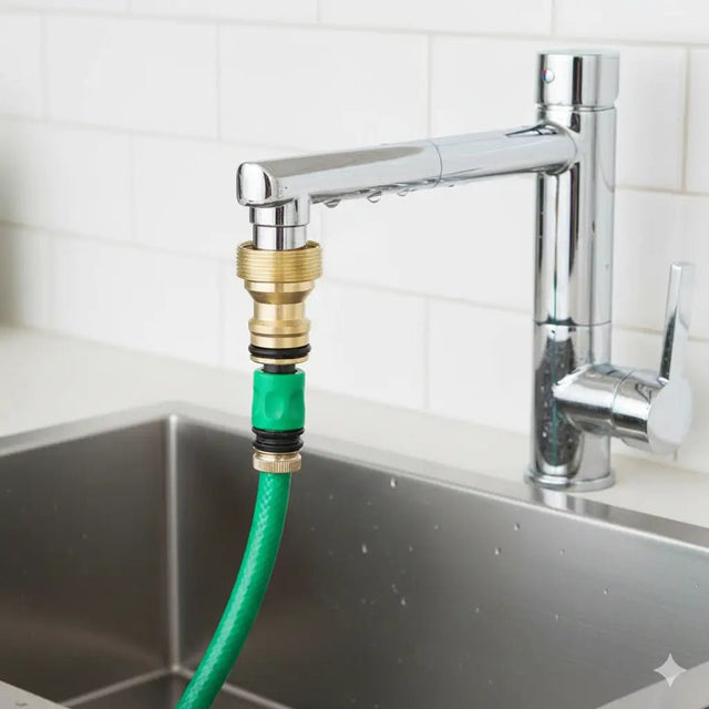 Kitchen faucet with a green hose attached over a sink.