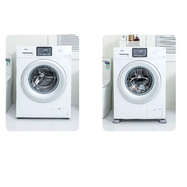 Two white washing machines side by side on a white background