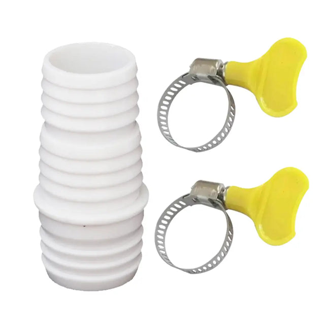 White corrugated pipe with three metal hose clamps on a white background