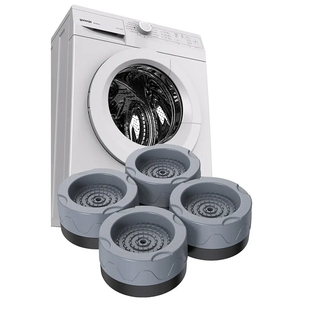White washing machine with four gray cylindrical objects in front on a white background