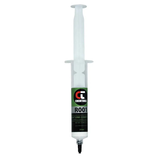 White syringe with a green and black label on a white background