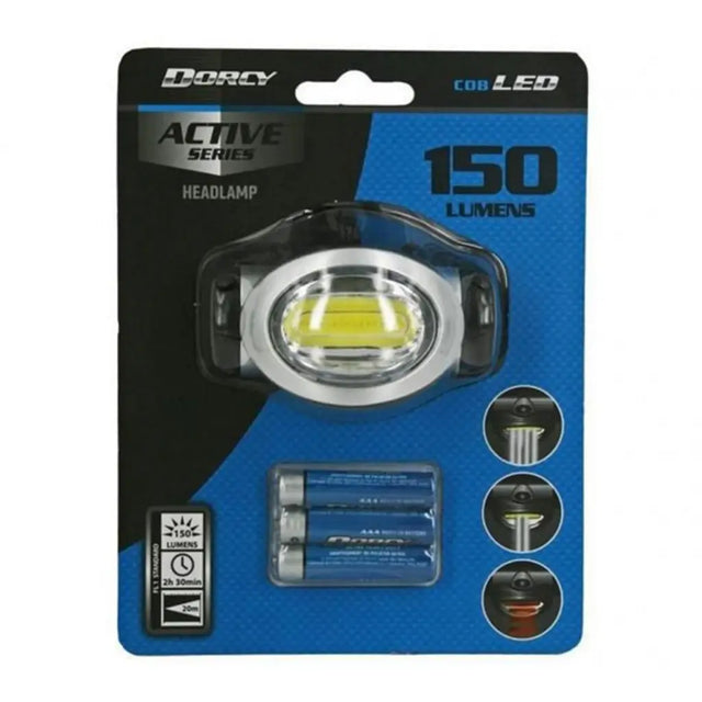 Dorcy headlamp packaging with 150 lumen rating on a white background