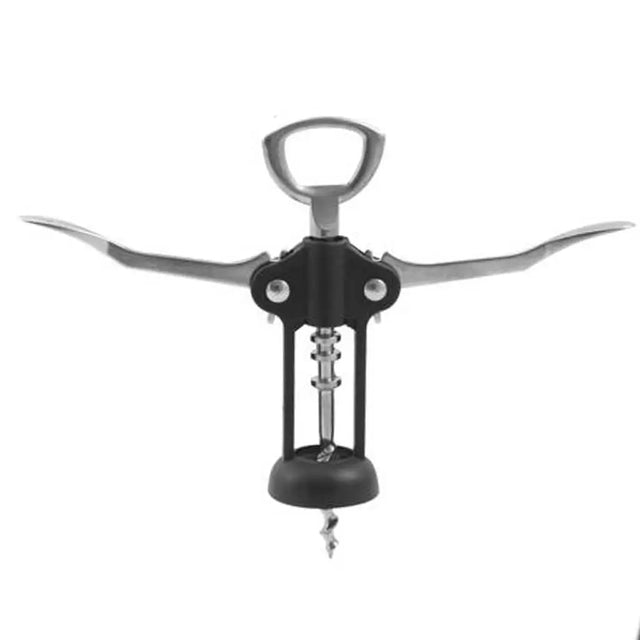 Corkscrew with a black handle on a white background